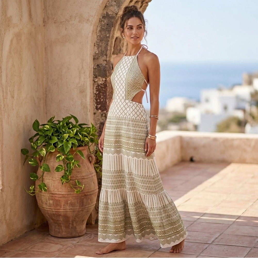 ✨Brand New ✨Misa Los Angeles Olive & Cream Halter Cutout Maxi Dress